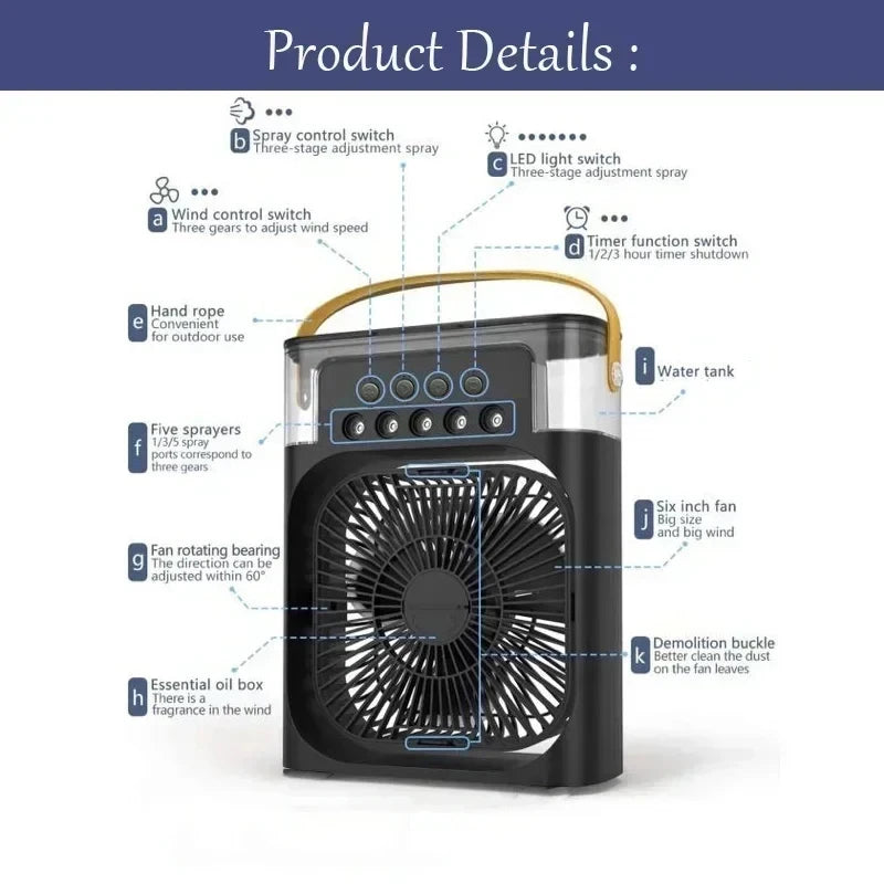 Mini refroidisseur d'air 3-en-1 avec ventilateur, humidificateur et lumière LED