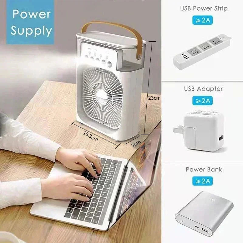 Mini refroidisseur d'air 3-en-1 avec ventilateur, humidificateur et lumière LED