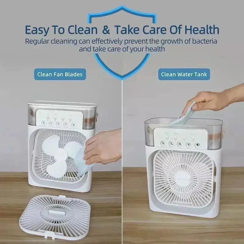 Mini refroidisseur d'air 3-en-1 avec ventilateur, humidificateur et lumière LED