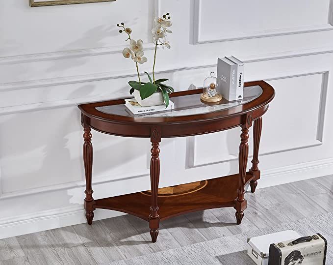 Half Moon Glass Top Oka Wood Console Table