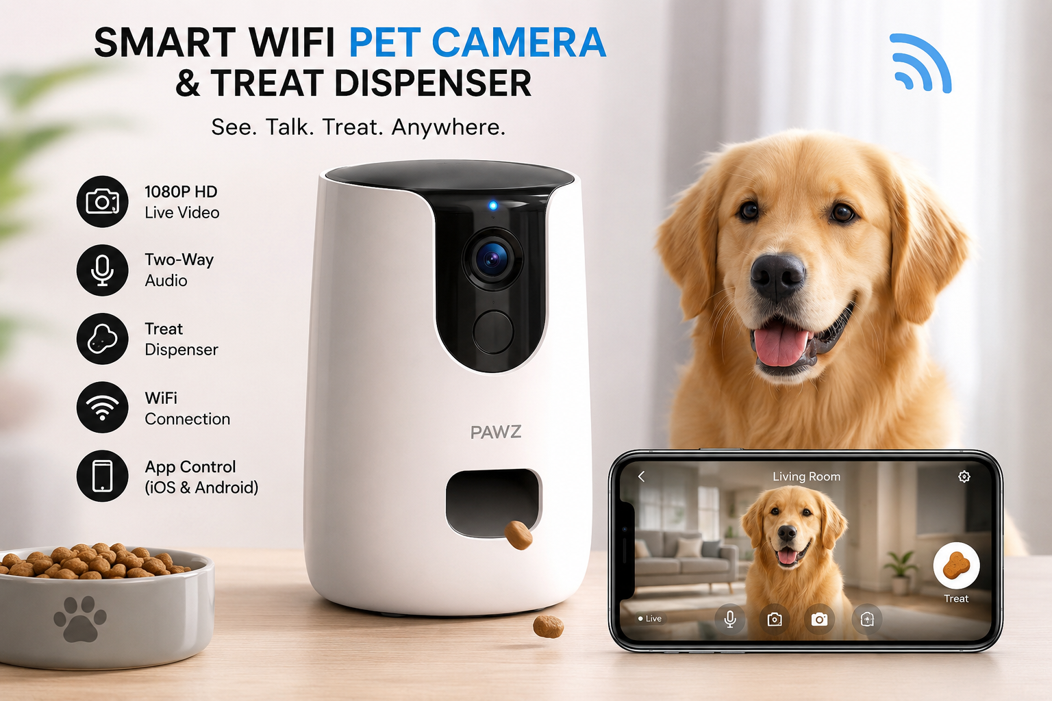 Smart Wifi pet caméra & treat dispenser